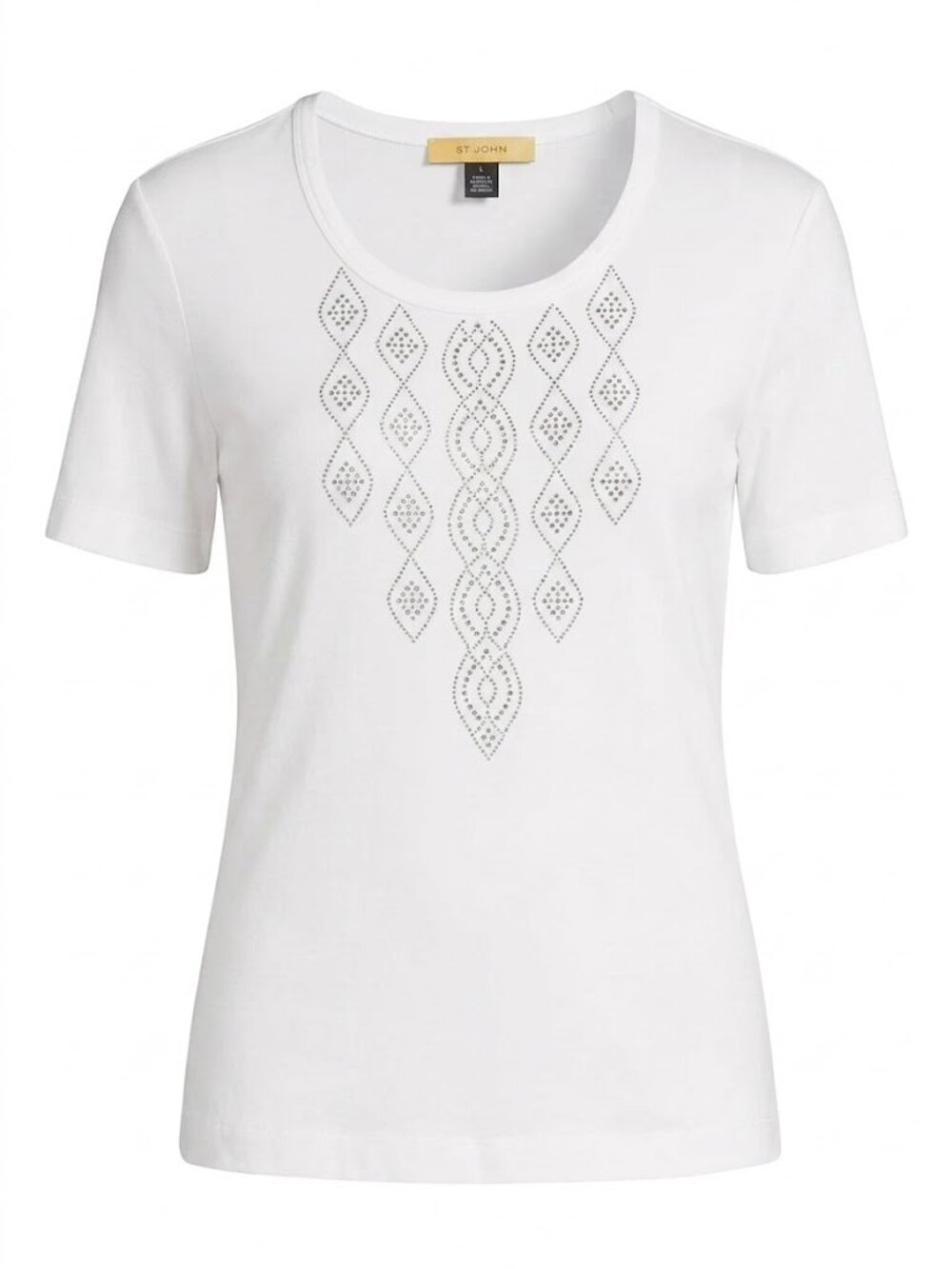 St. John White Short Sleeve Embellished Front Tee